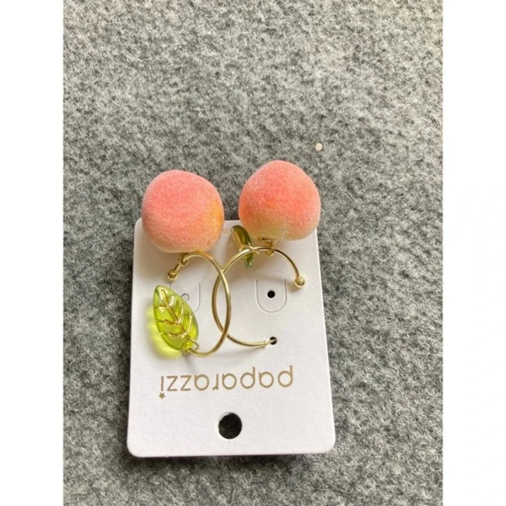 Pink Fuzzy Peach Earrings with Green Leaf Charm – Cute Fruit Hoop Jewelry‎ new
